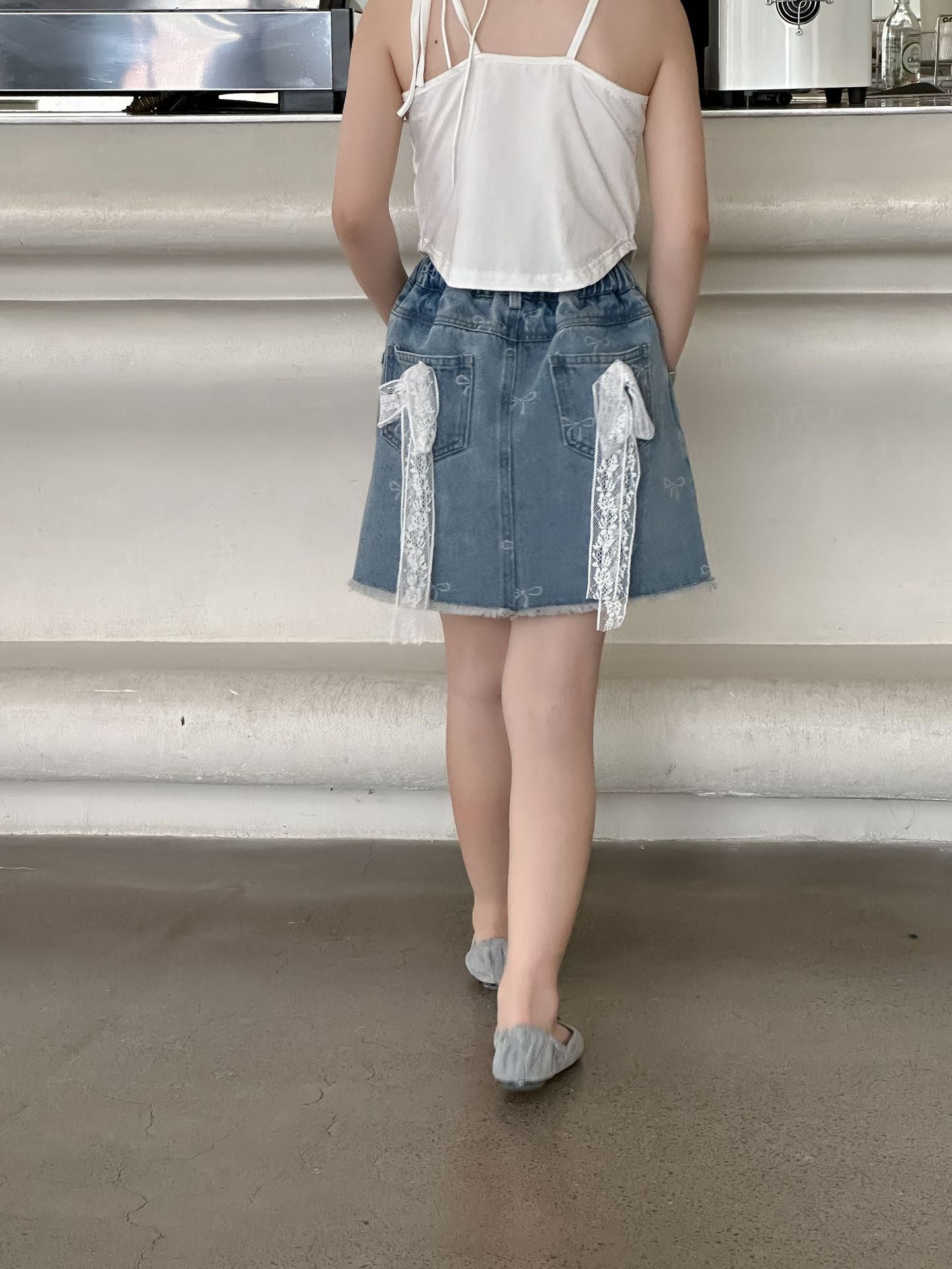 CJ4983韓版夏季女童蝴蝶結蕾絲牛仔短裙2024.06.11