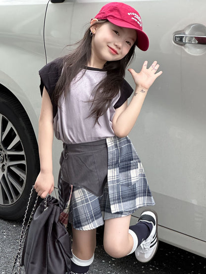 CJ4137夏季女童墊肩無袖t恤拼接短裙兩件套2024.06.11