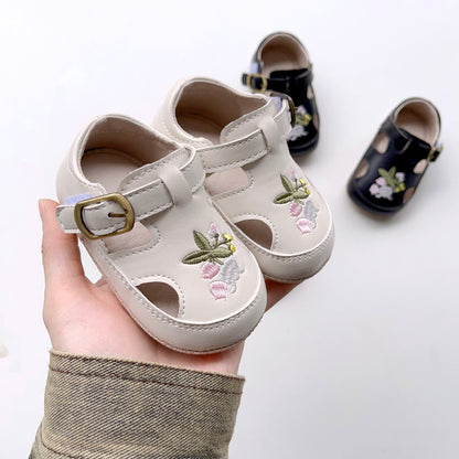 DN9207嬰兒鞋子夏季復古花朵刺繡女寶寶軟底防滑學步小皮鞋2024.05.17