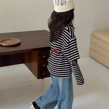 CA4205秋季韓版女童條紋寬鬆露肘t恤2024.08.06