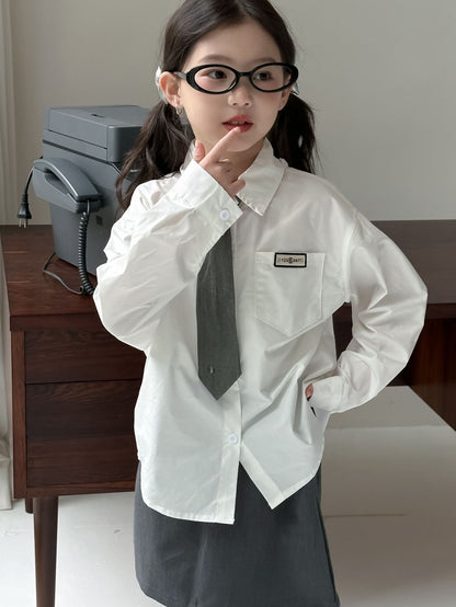 CA4182秋季女童學院風貼標襯衫灰色短裙兩件套2024.08.06