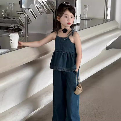 CJ4977韓版夏季女童辣妹風牛仔吊帶娃娃衫闊腿褲套裝兩件套2024.06.11