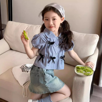 CJ4310夏季韓版中大女童藍色蝴蝶結翻領條紋短袖襯衫2024.06.28