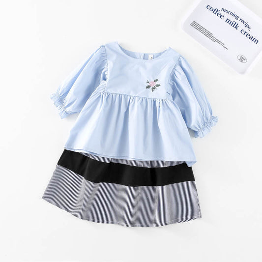 AF1369春季韓版刺繡娃娃襯衫+條紋半身裙兩件套2024.02.20