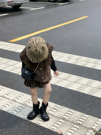 CD2777春秋復古麻花編織馬甲純色打底衫百搭百褶裙三件套2023.12.12