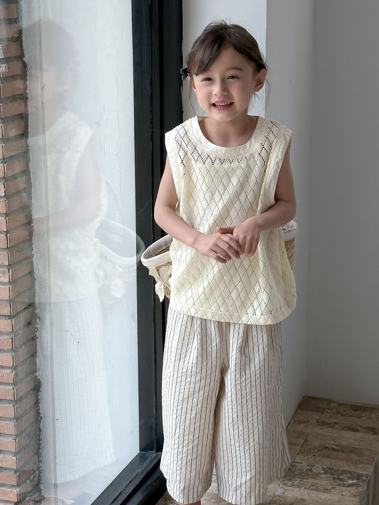 CA4960韓版夏季女童無袖上衣吊帶衫條紋褲三件套中大童女寶套裝2024.04.09