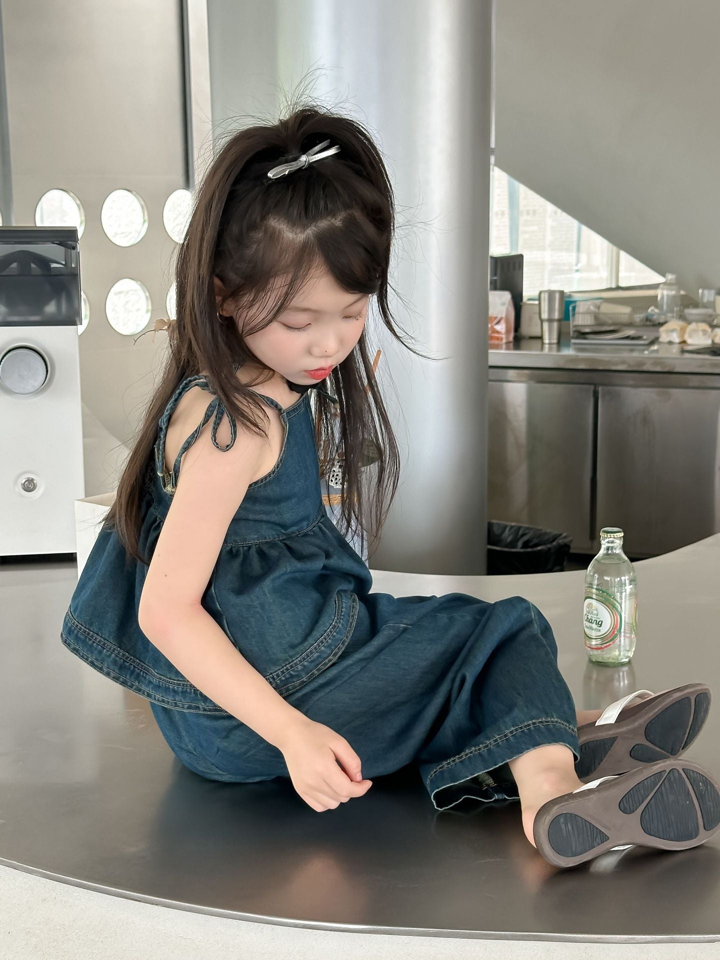 CJ4977韓版夏季女童辣妹風牛仔吊帶娃娃衫闊腿褲套裝兩件套2024.06.11