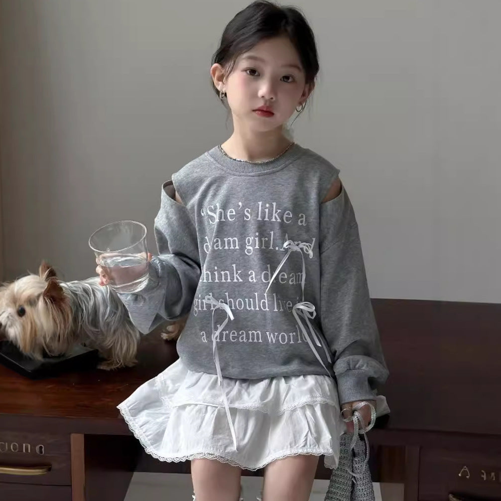 CA4159秋季女童甜美露肩蝴蝶結字母印花衛衣白色蛋糕裙兩件套2024.08.06