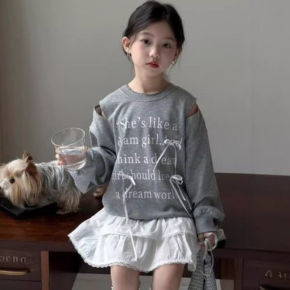 CA4159秋季女童甜美露肩蝴蝶結字母印花衛衣白色蛋糕裙兩件套2024.08.06