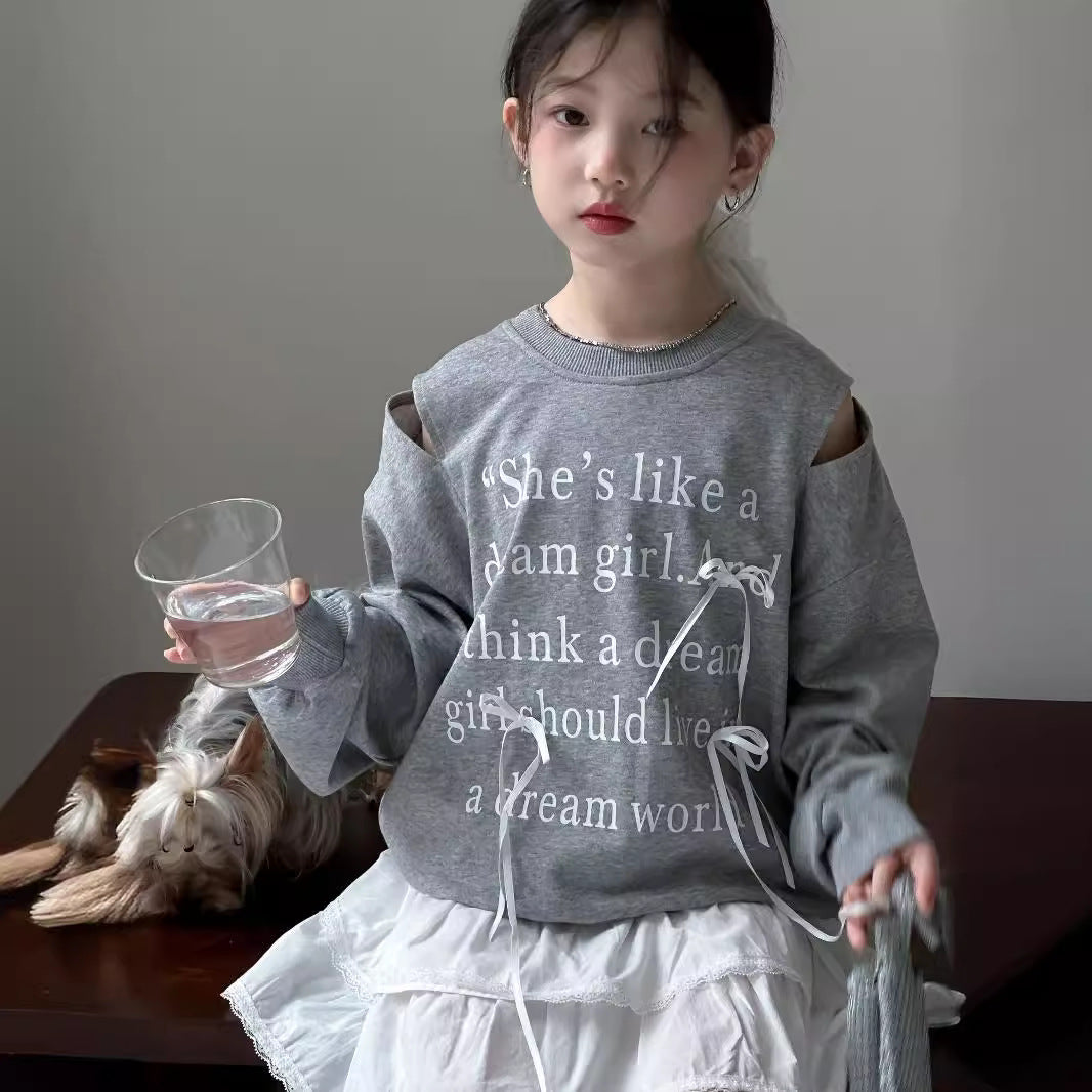 CA4159秋季女童甜美露肩蝴蝶結字母印花衛衣白色蛋糕裙兩件套2024.08.06