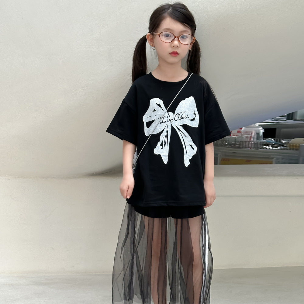 CJ4909韓版夏季女童蝴蝶結印花寬鬆短袖t恤紗裙兩件套2024.06.11