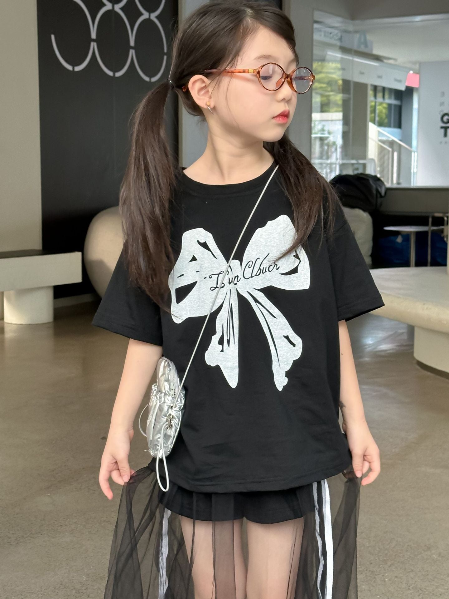 CJ4909韓版夏季女童蝴蝶結印花寬鬆短袖t恤紗裙兩件套2024.06.11
