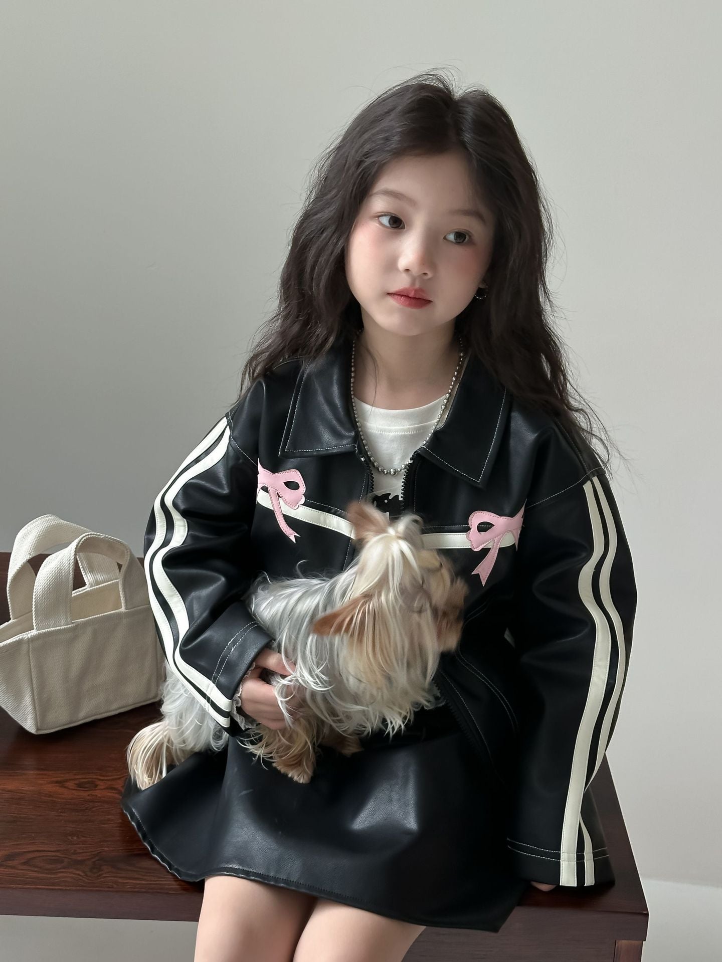 CA4770秋季女童辣妹風蝴蝶結PU皮衣短裙套裝2024.08.06