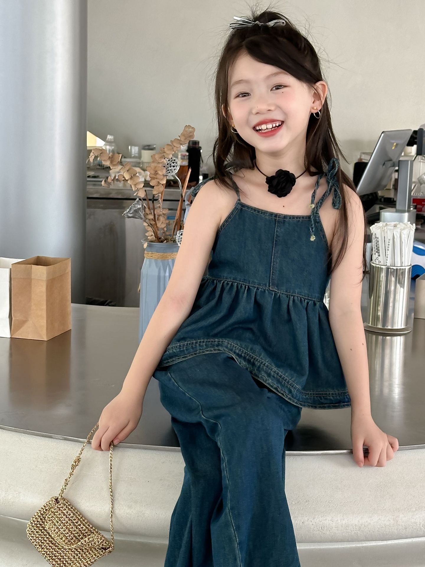 CJ4977韓版夏季女童辣妹風牛仔吊帶娃娃衫闊腿褲套裝兩件套2024.06.11