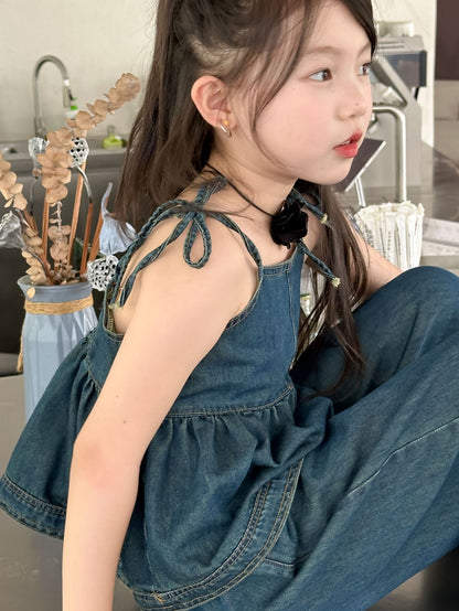 CJ4977韓版夏季女童辣妹風牛仔吊帶娃娃衫闊腿褲套裝兩件套2024.06.11