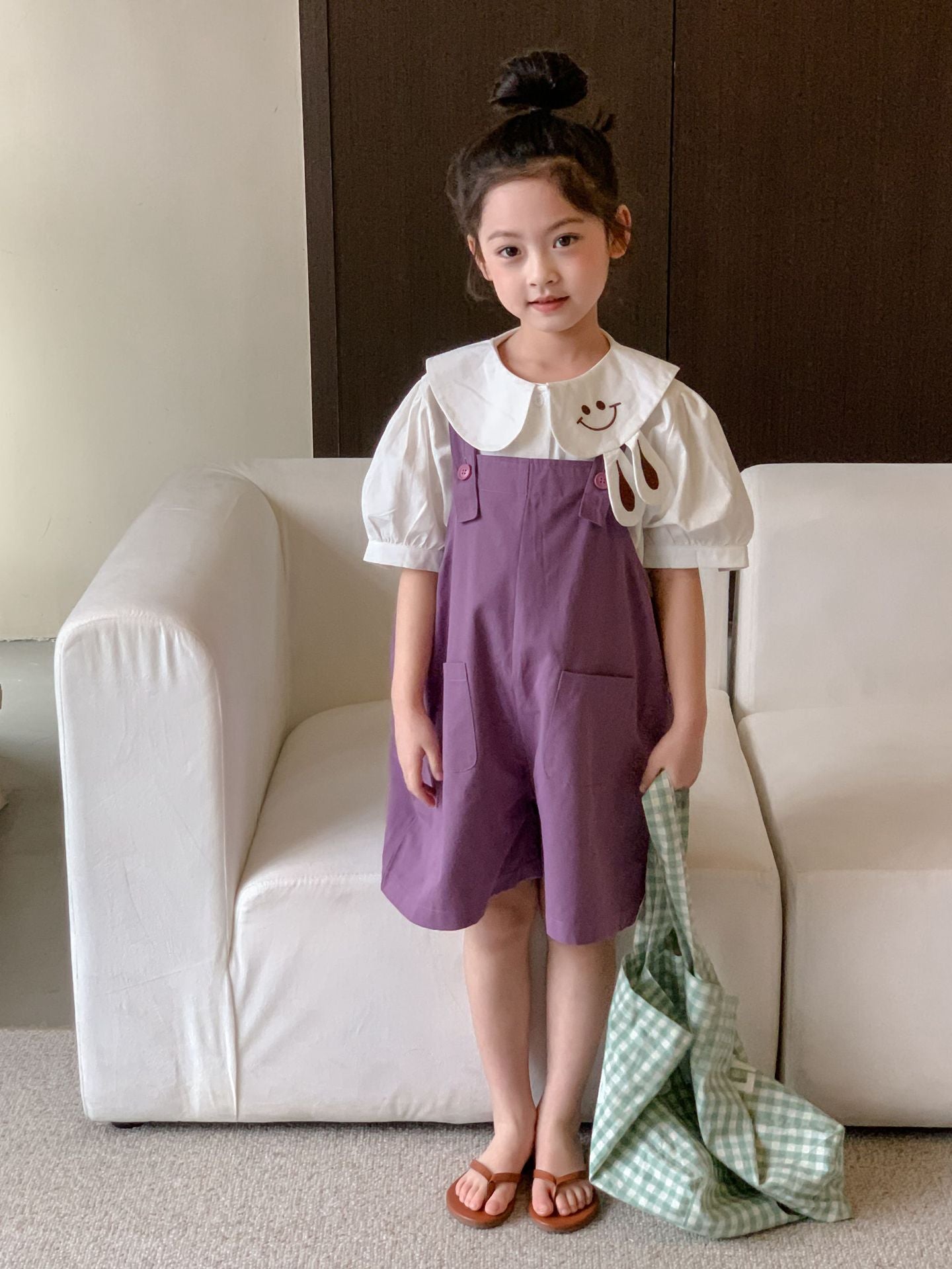 CM3362夏季女童兔子領娃娃衫+兔子耳朵背帶褲套裝兩件套2024.03.15