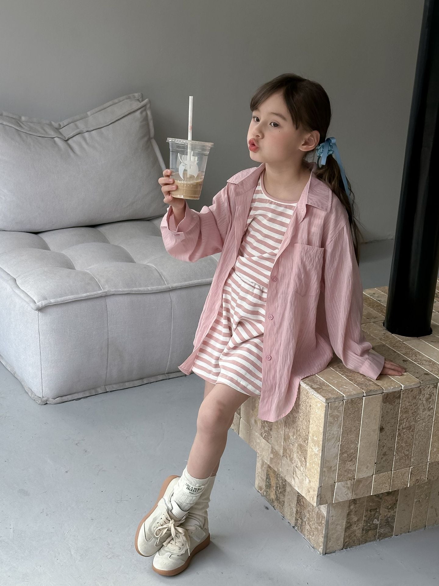 CA4907夏季女童防曬襯衫條紋無袖T恤短褲休閒三件套2024.04.09