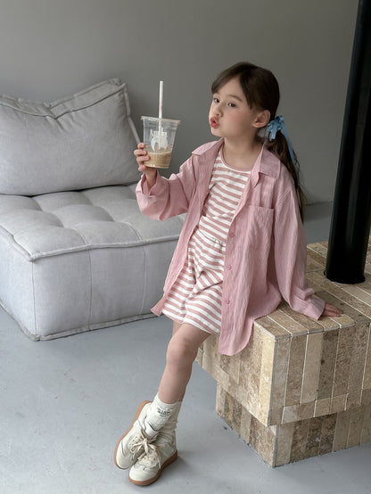 CA4907夏季女童防曬襯衫條紋無袖T恤短褲休閒三件套2024.04.09