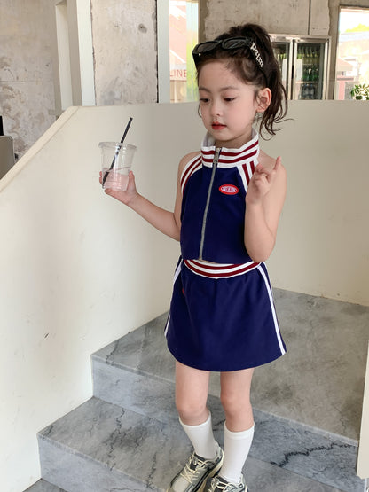 CM3205夏季辣妹風螺紋掛脖露背背心+短裙兩件套2024.03.15