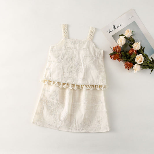 AJ1707夏季女童刺繡吊帶衫甜美半身裙兩件套套裝2024.06.07