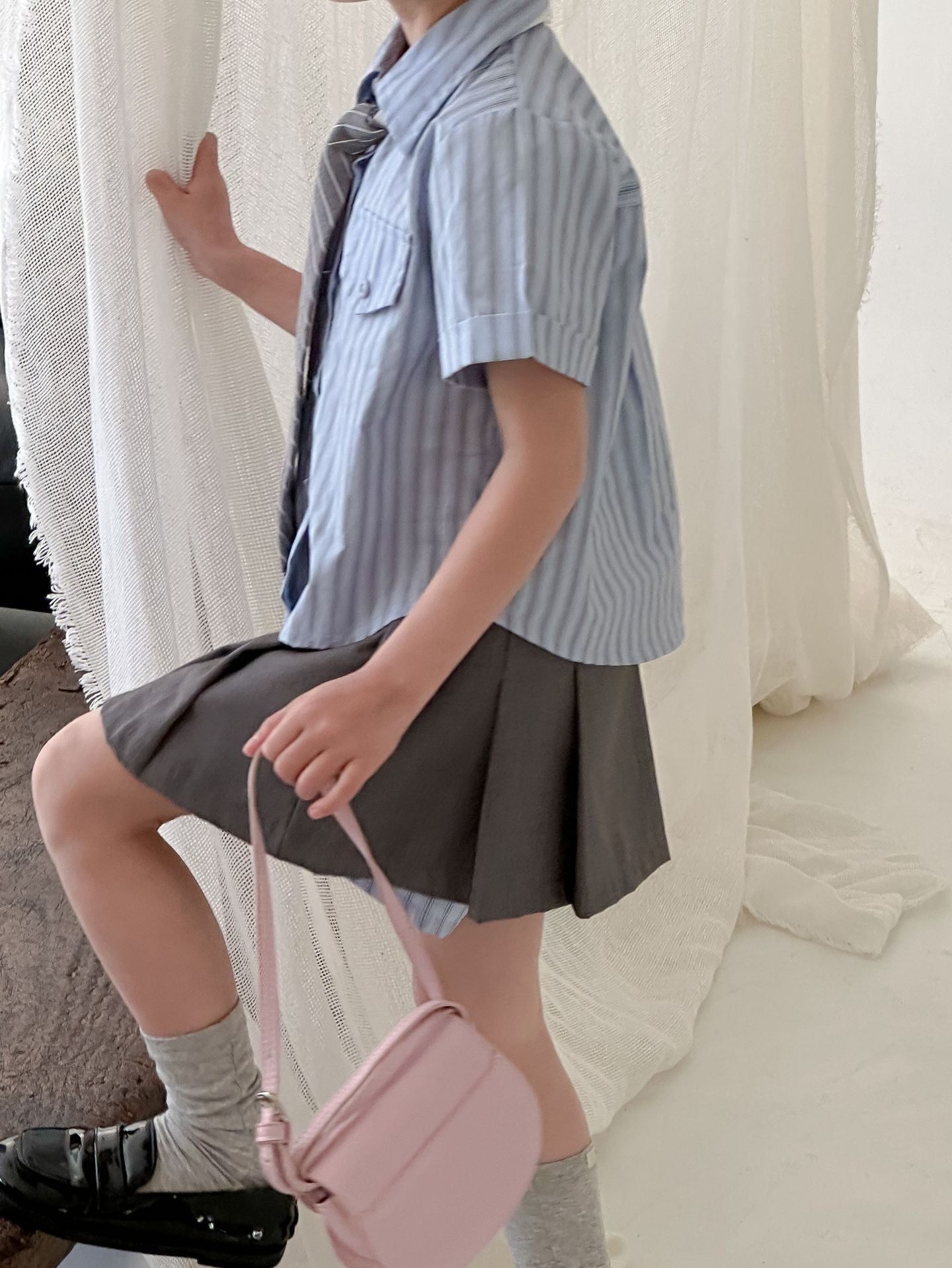 CA4928夏季女童學院風條紋襯衫百褶裙套兩件套2024.04.09