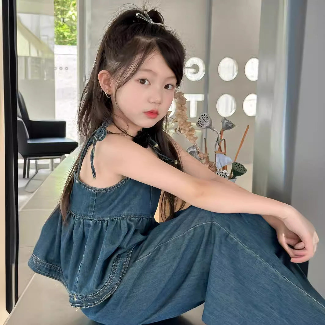 CJ4977韓版夏季女童辣妹風牛仔吊帶娃娃衫闊腿褲套裝兩件套2024.06.11