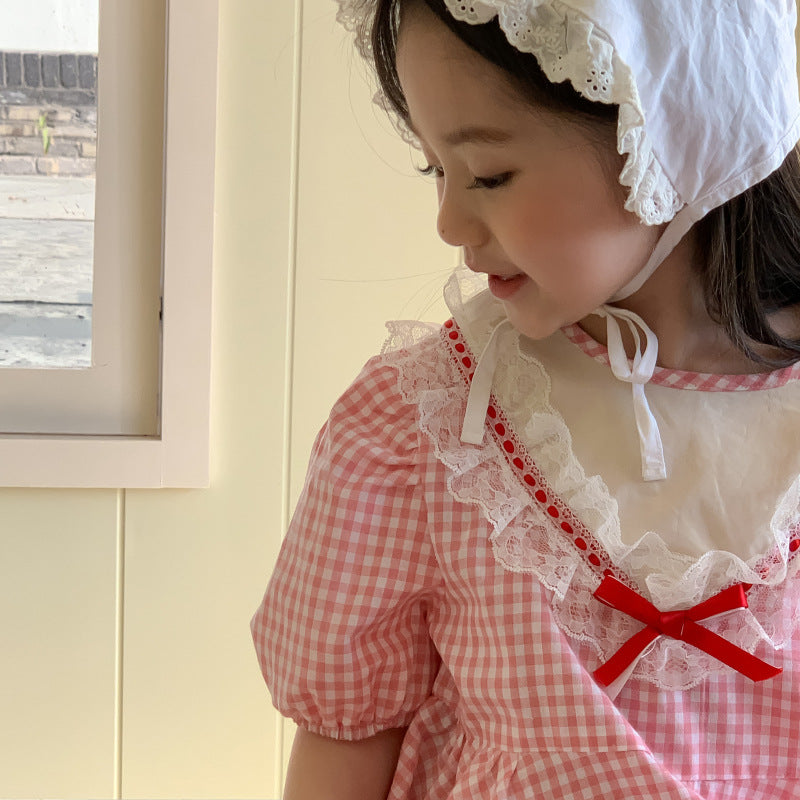 AM1675夏季韓版甜美花邊格子公主裙2024.03.29