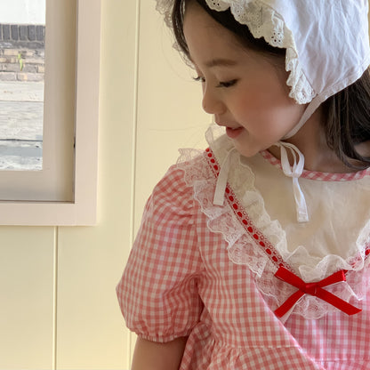 AM1675夏季韓版甜美花邊格子公主裙2024.03.29