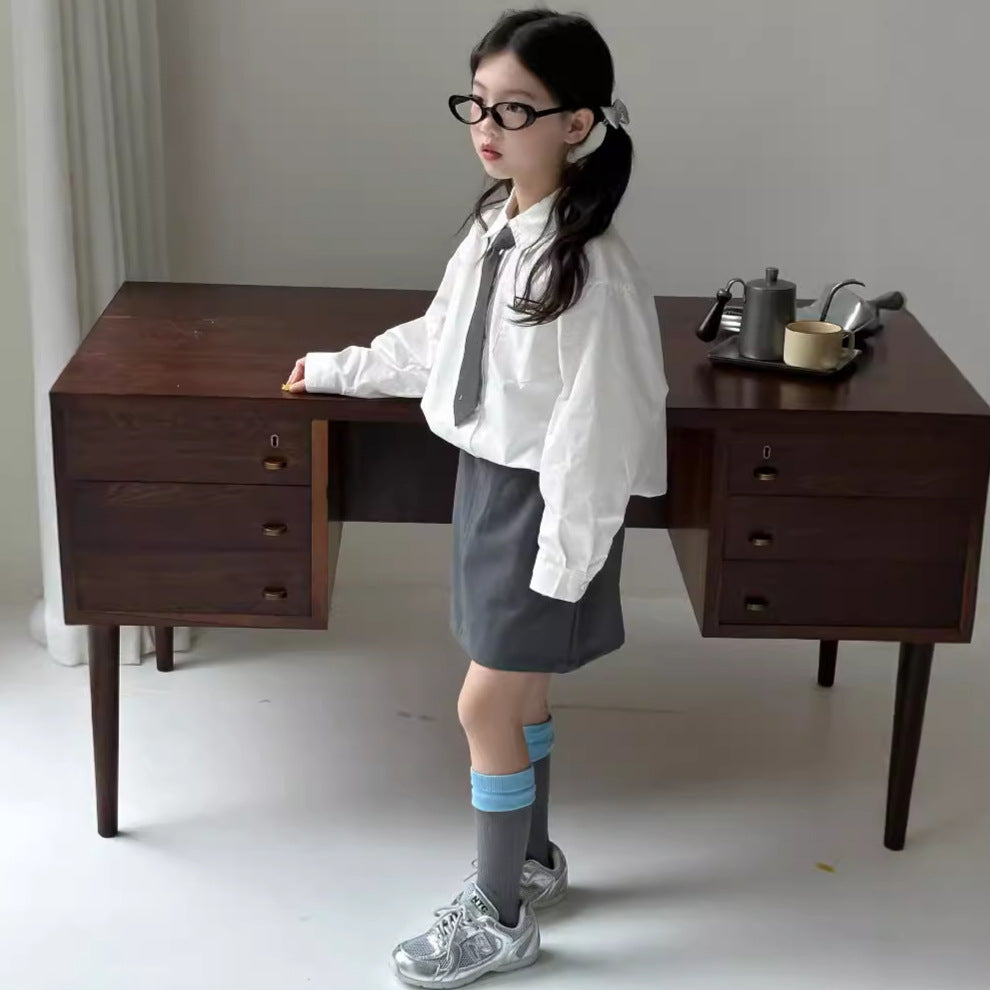 CA4182秋季女童學院風貼標襯衫灰色短裙兩件套2024.08.06