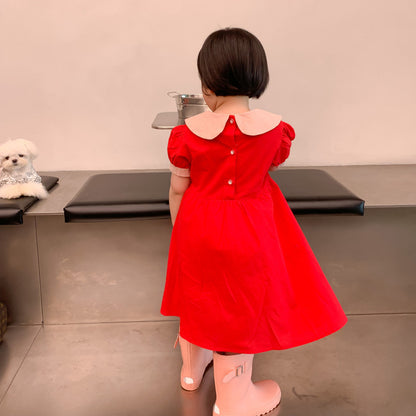 AA1128韓國童裝2023夏季女童短袖娃娃領連衣裙2023.04.11