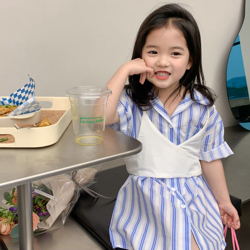 AA1216吊帶外搭女孩條紋襯衫裙兒童連衣裙2023.04.07