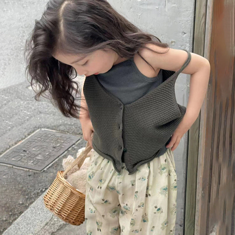 CA2697韓版針織吊帶背心米黃碎花闊腿褲2023.04.18