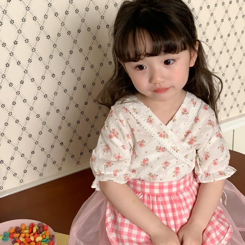 AM1412女童碎花短袖上衣時髦網紗半身裙圍兜三件套2023.03.14