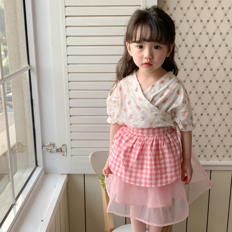 AM1412女童碎花短袖上衣時髦網紗半身裙圍兜三件套2023.03.14