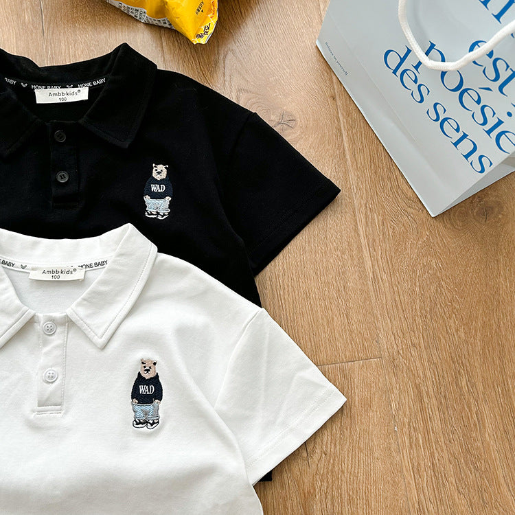 EA1395韓版氣質刺繡小熊寬鬆上衣寶寶短袖POLO衫2023.04.14