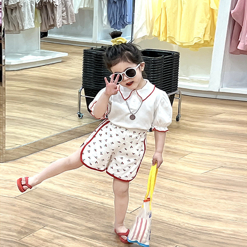 CA2640女童翻領白色上衣休閒櫻桃短褲套裝2023.04.21