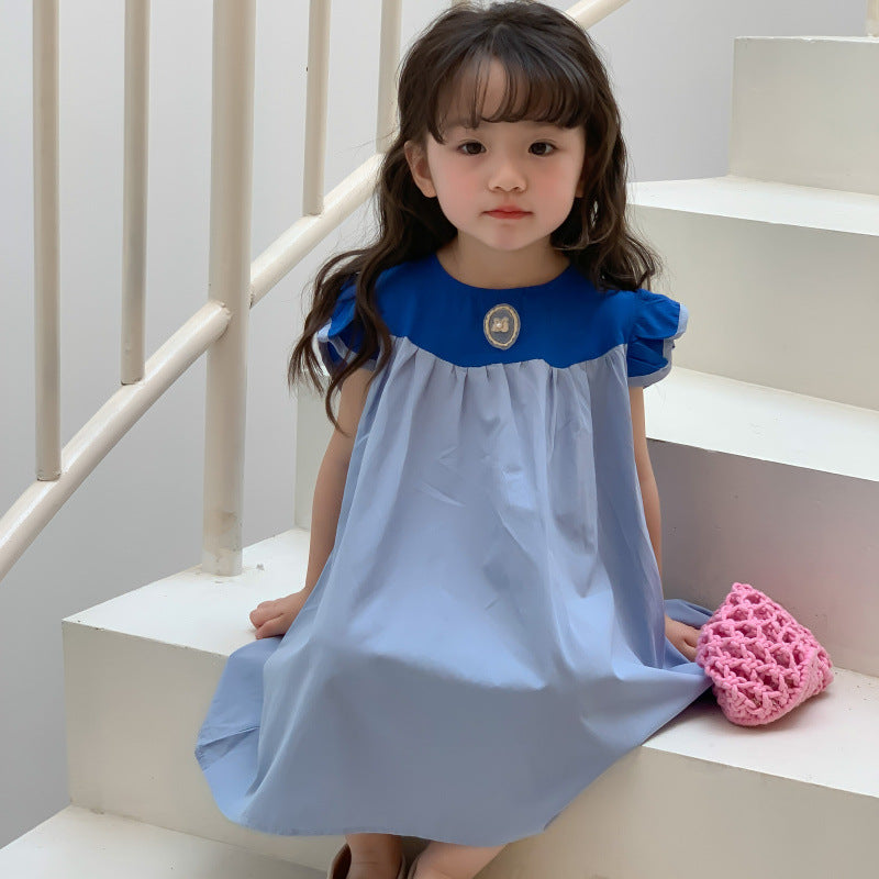 AA1393娃娃領飛袖純棉撞色兒童甜美長裙2023.04.04