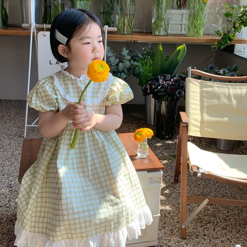 AA1112小清新格子蕾絲花邊連衣裙2023.04.11