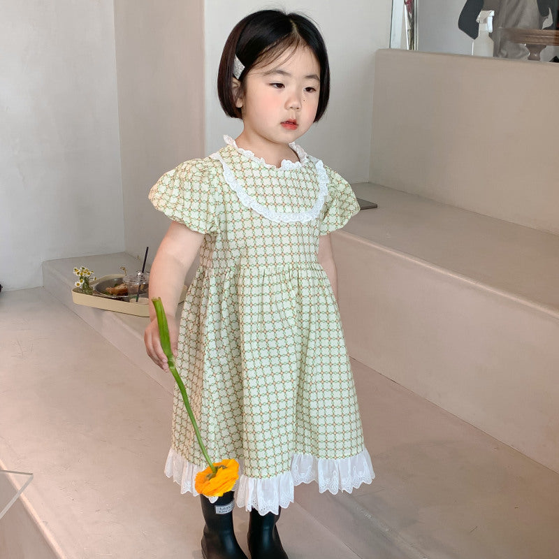 AA1112小清新格子蕾絲花邊連衣裙2023.04.11