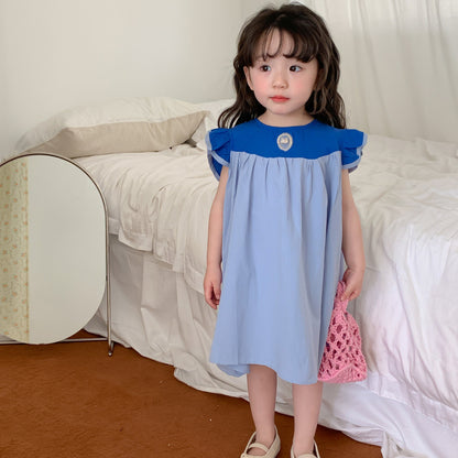 AA1393娃娃領飛袖純棉撞色兒童甜美長裙2023.04.04