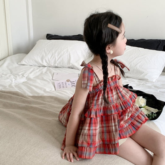 CM2815格子吊帶裙甜美格紋上衣卷邊短褲套裝2023.05.15