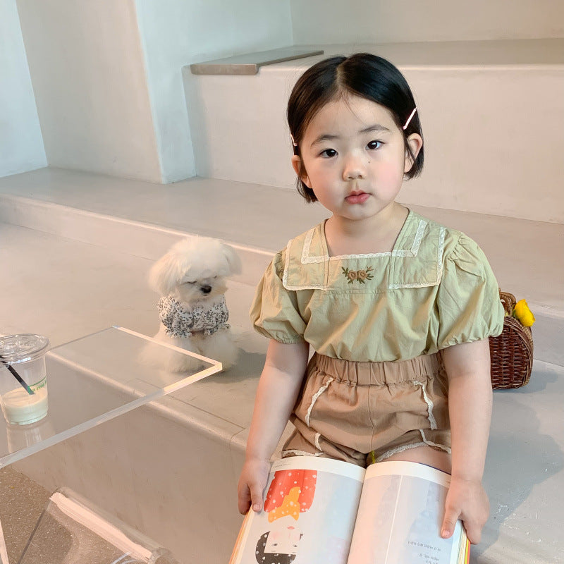 AA1214韓國女童夏季刺繡短袖套裝2023.04.11